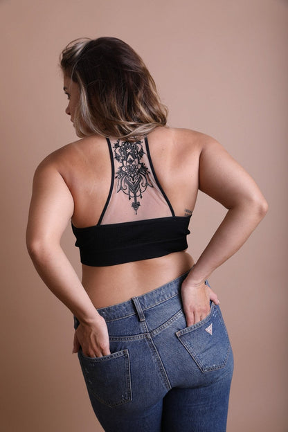 Leto Collection Plus Size Tattoo Back Bralette in black, showcasing a trendy tattoo design on the back