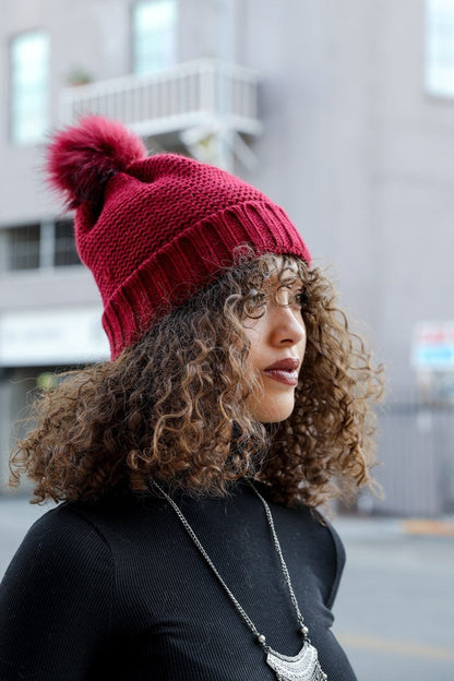 Pom Beanie with Faux Sherpa Lining-Soul Flow Apparel