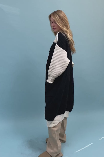 Oversized Color Block Button-Up Knit Cardigan