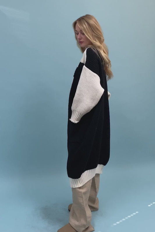 Oversized Color Block Button-Up Knit Cardigan
