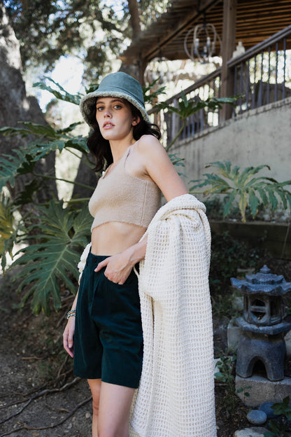 Leto Collection boho racerback brami top in natural color paired with stylish shorts and accessories