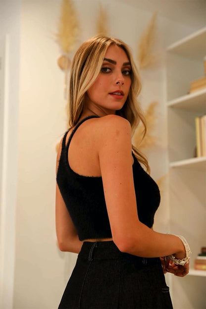 Stylish black cozy racerback brami featuring a cropped design for comfort and versatility