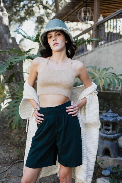 Leto Collection Boho Racerback Brami Top in beige with stylish shorts and a knitted cardigan