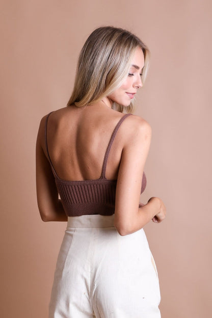 Leto Collection rib knit brami top in brown with a stylish cropped fit and adjustable straps