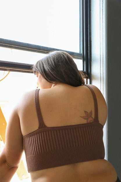 Leto Collection rib knit brami top in brown with adjustable straps for a comfortable fit