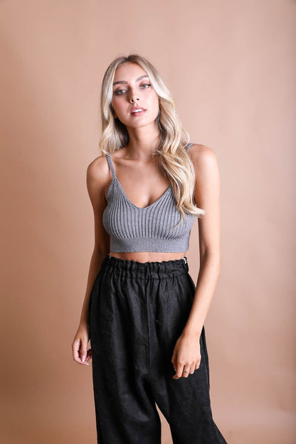 Leto Collection rib knit brami top in gray with a flattering v-neck and adjustable straps