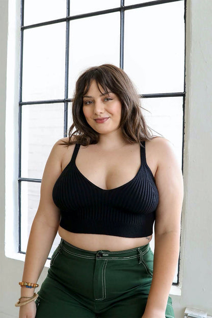 Leto Collection rib knit brami top in black, featuring adjustable straps for a comfortable fit