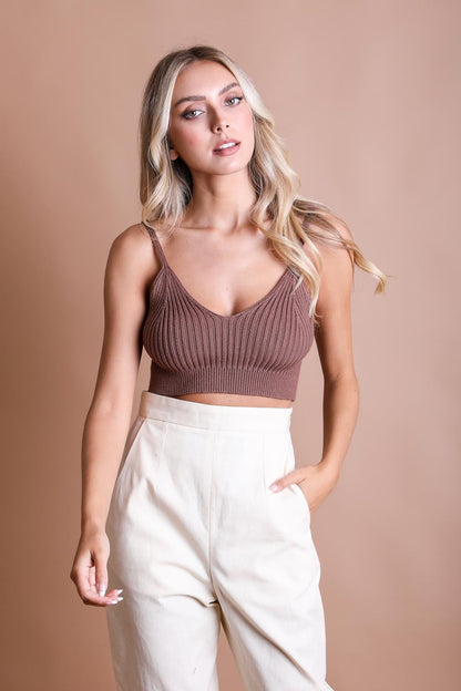 Brown rib knit brami top from Leto Collection with a stylish cropped design for a chic look