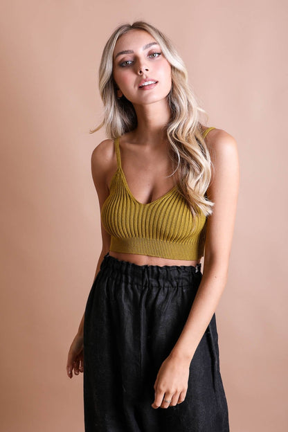 Leto Collection rib knit brami top in olive green with a stylish cropped fit and adjustable straps