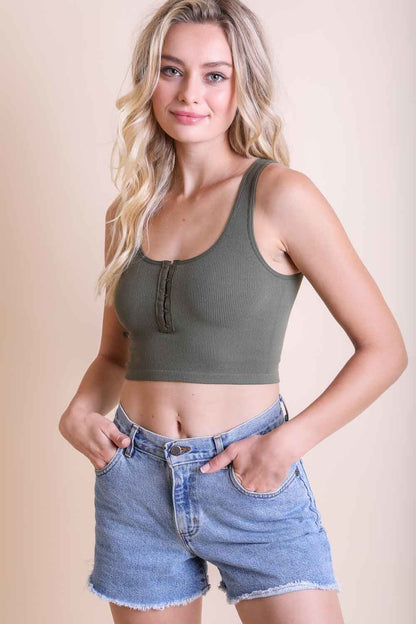 Leto Collection Ribbed Hook Eye Brami Top in Olive Green with Adjustable Fit