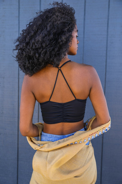 Leto Collection Ruched Bralette Boho in black with a stylish crisscross back design