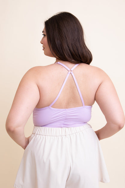 Back view of Plus Size Ruched Bralette in lavender from Leto Collection with adjustable straps