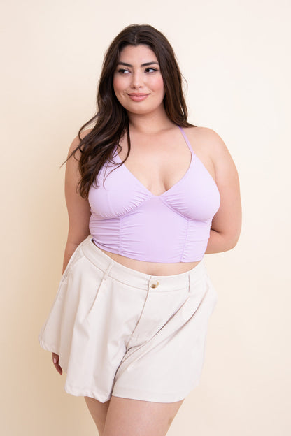 Plus size ruched bralette in soft lavender with adjustable straps for comfortable fit