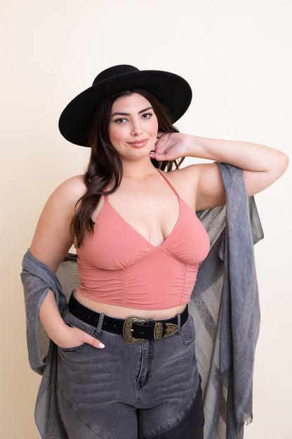 Leto Collection Plus Size Ruched Bralette in Coral with Spaghetti Straps and Stylish Hat