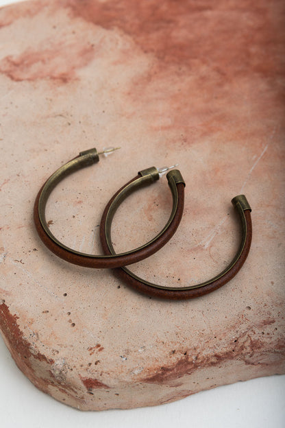 Rustic Charm Leather & Brass Hoop Earrings-Soul Flow Apparel