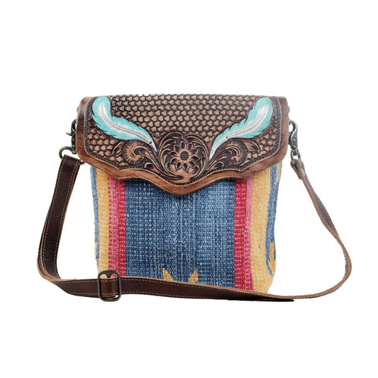 Blue Feather Hand Tooled Bag, view 1 — Soul Flow Apparel