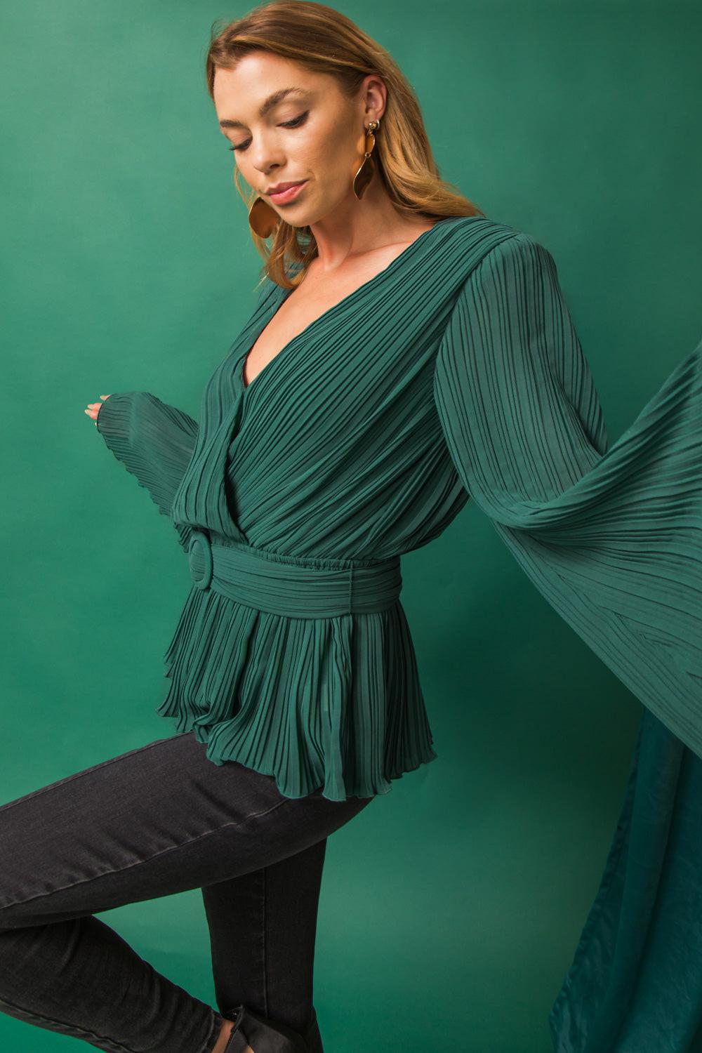 Hello Sweetheart Pleated Top With Surplice Neckline And Peplum Polyester