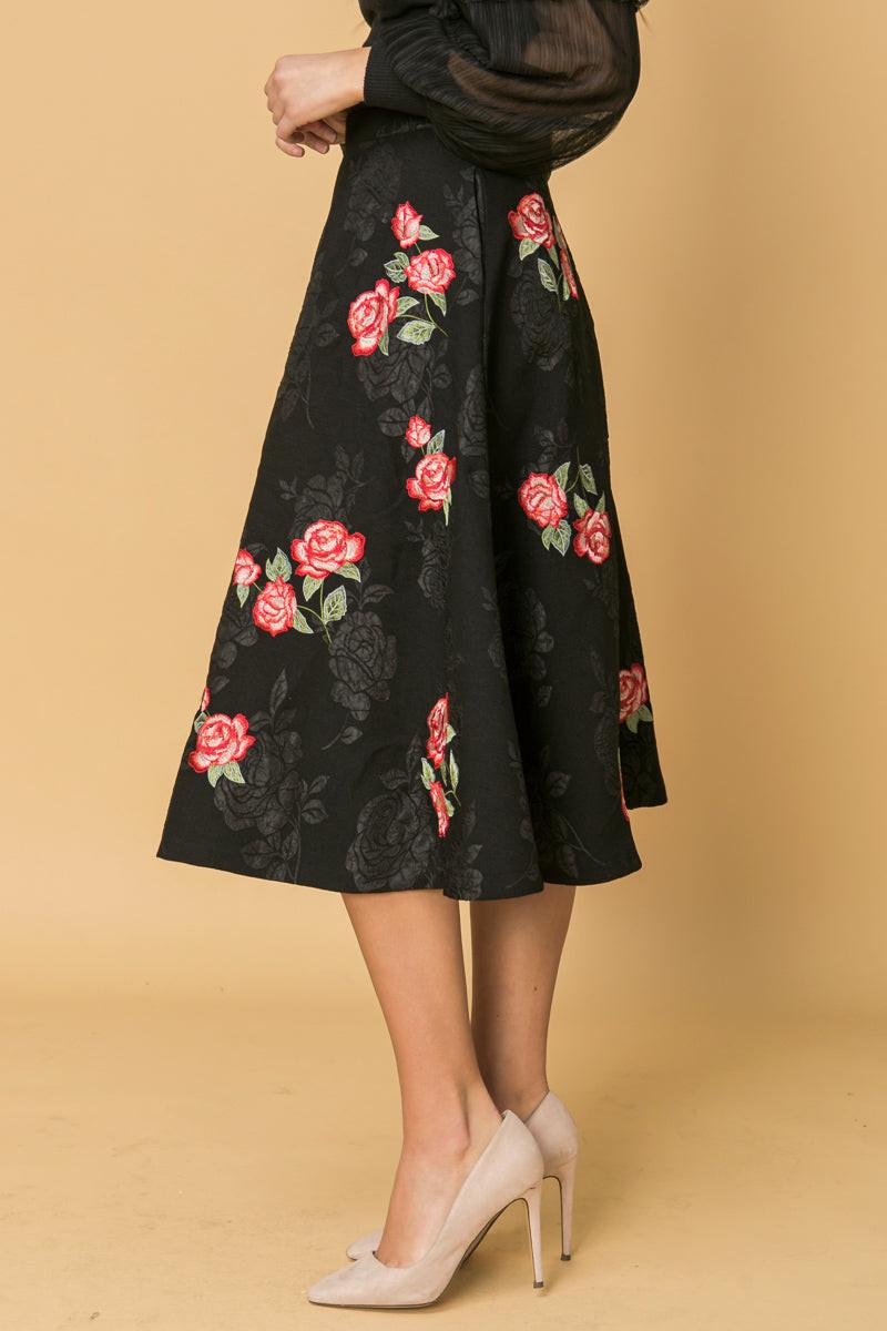 Rose Embroidery Midi Skirt Polyester With Black Rose Brocade Detail