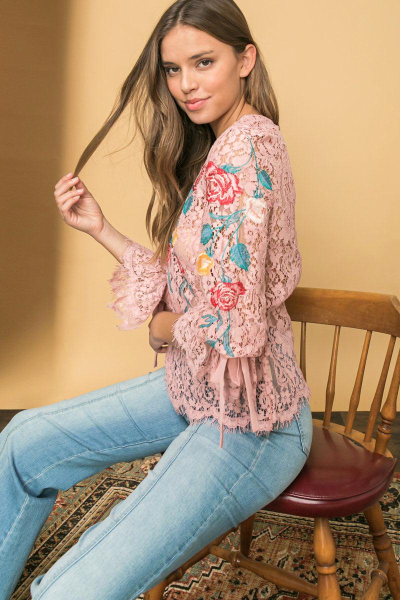 Embroidered Lace Top With Floral Embroidery For Elegant Silhouette