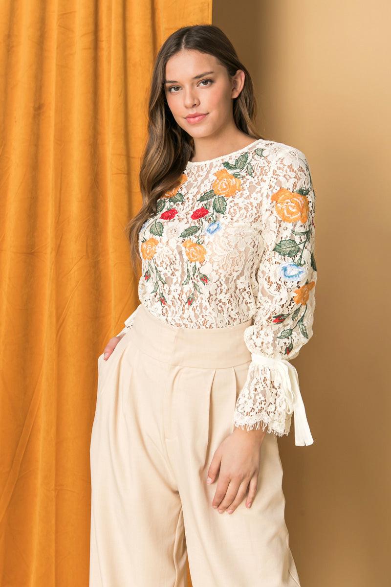 Embroidered Lace Top With Floral Embroidery For Elegant Silhouette
