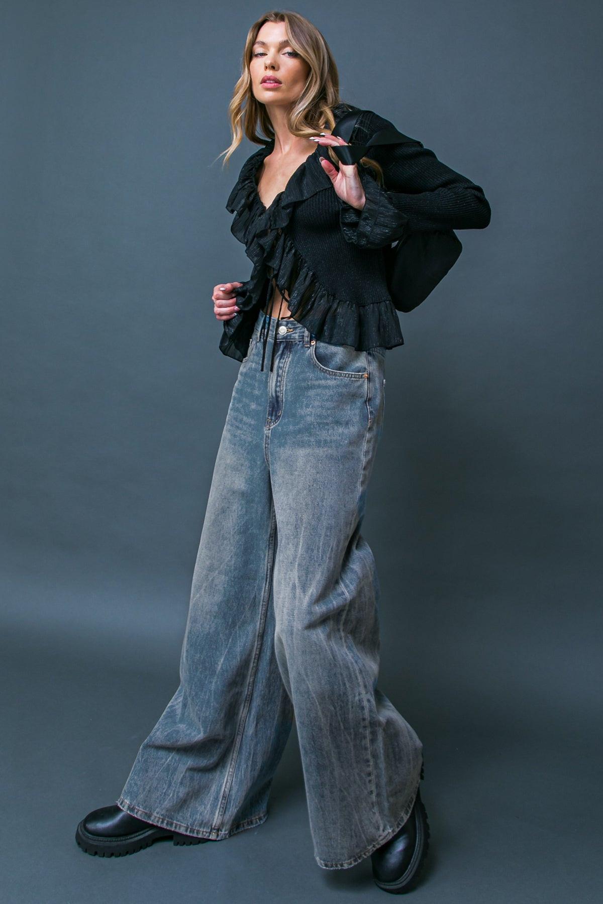 Daring Trend Washed Denim Pants Wide Leg Front Pockets For Everyday Wear