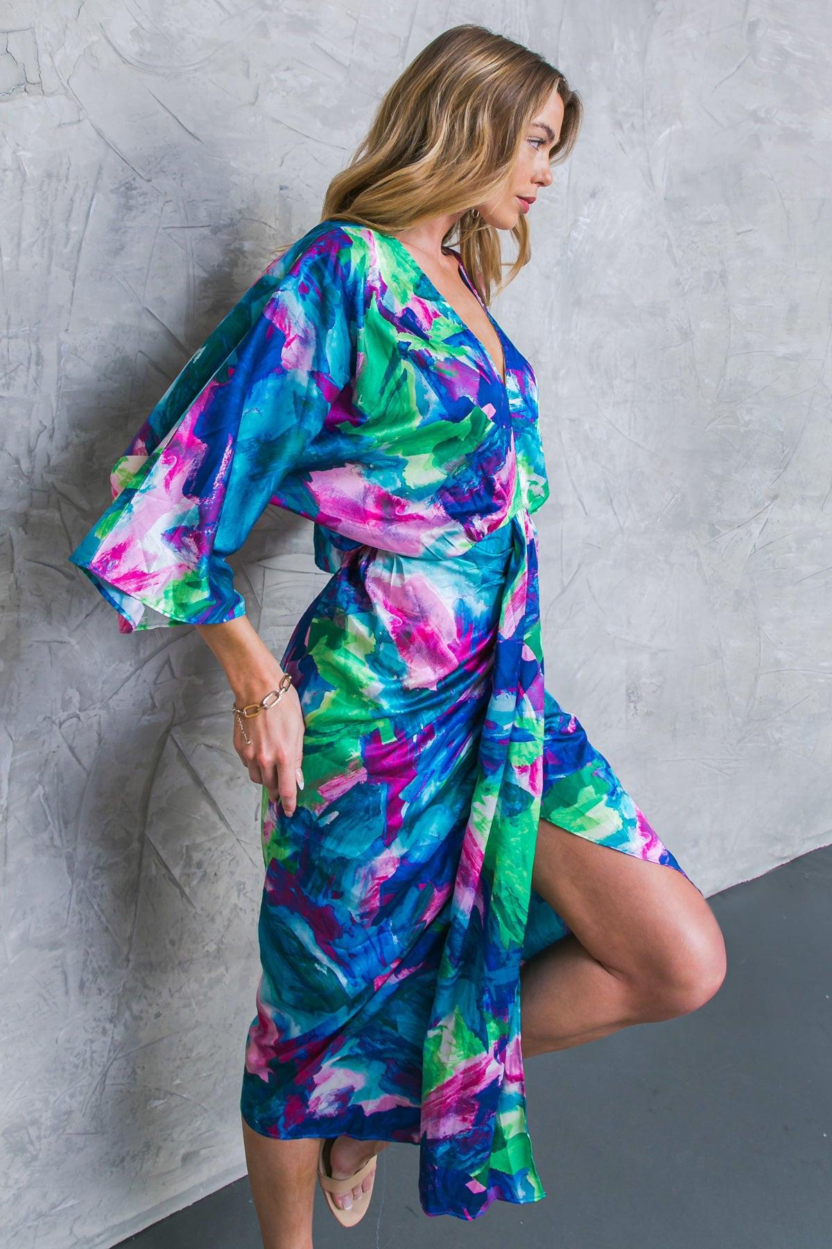 On The Horizon Woven Satin Midi Dress Plunging V Neck Kimono Sleeves