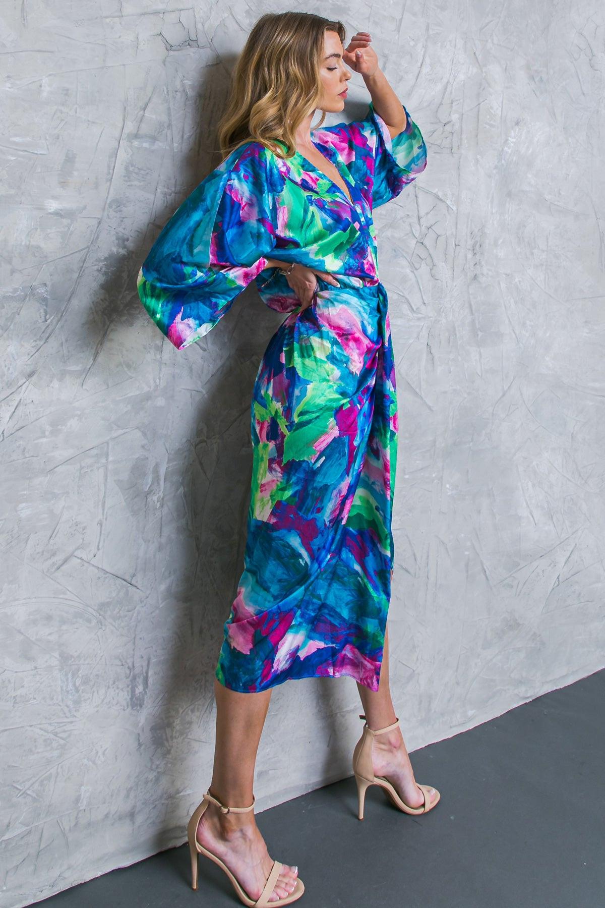 On The Horizon Woven Satin Midi Dress Plunging V Neck Kimono Sleeves