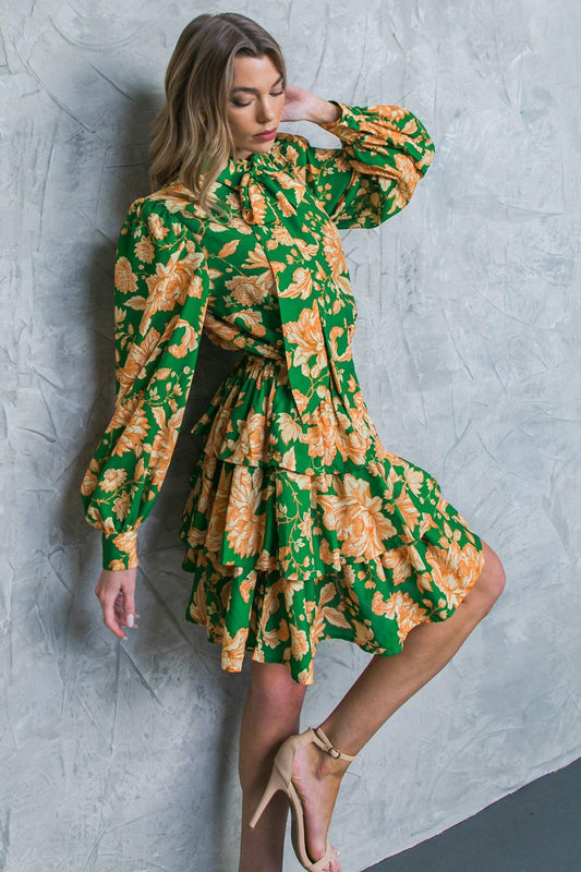 Girl In Mine Printed Woven Mini Dress With Collar Tie And Elastic Waist