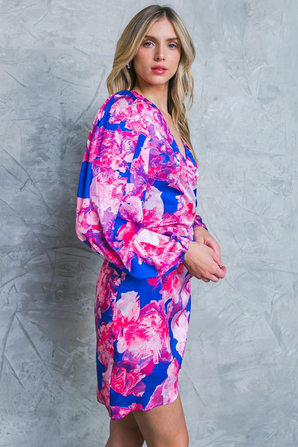 Dramatically Chic Printed Satin Mini Dress With Surplice Neckline