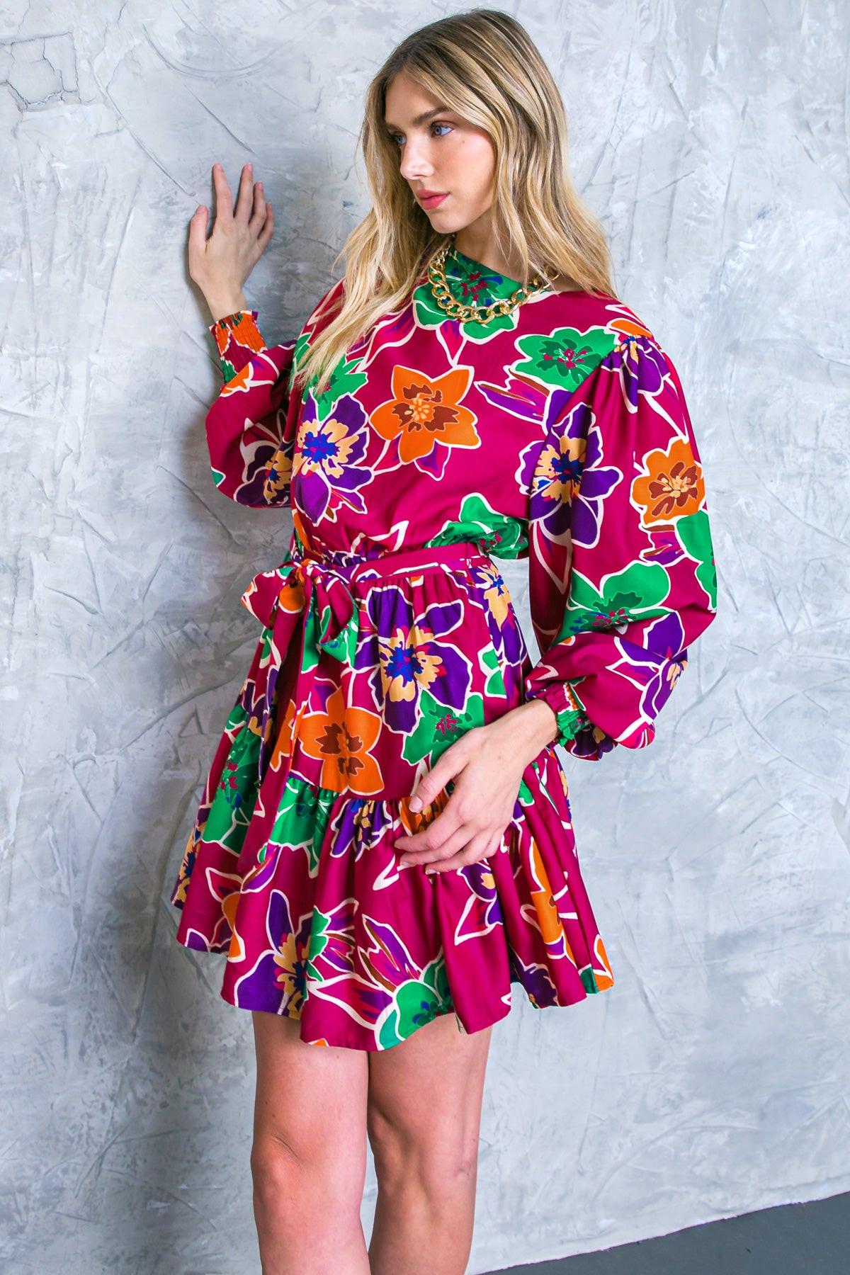 Elevated Attitude Woven Mini Dress With Elastic Waist And Sash Tie