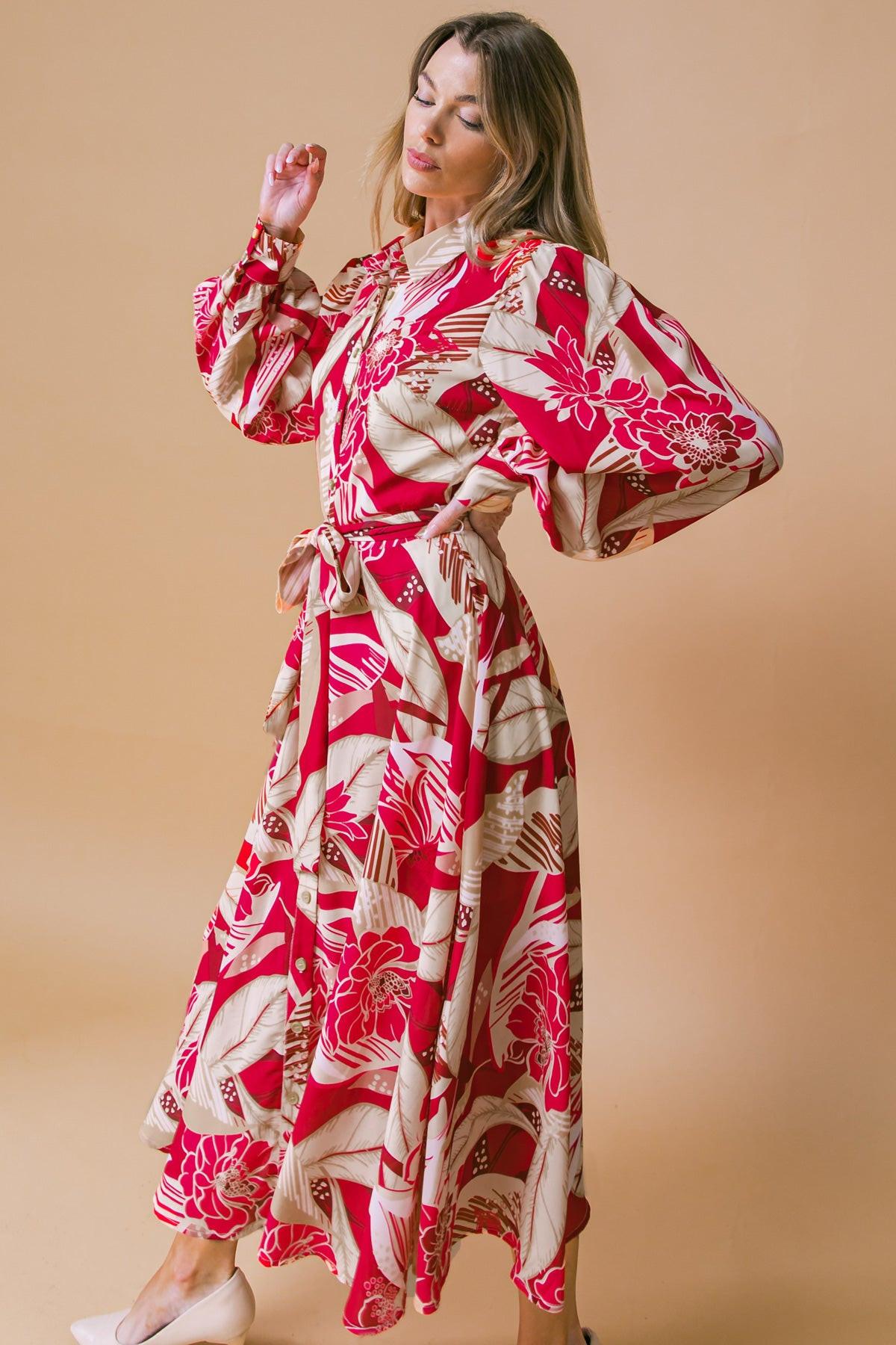 Heart Of Woven Midi Dress With Shirt Collar Button Front And Self Tie