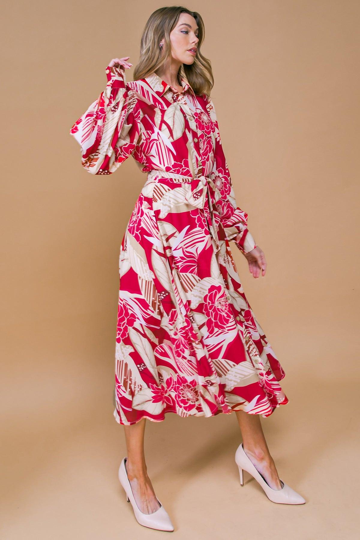 Heart Of Woven Midi Dress With Shirt Collar Button Front And Self Tie