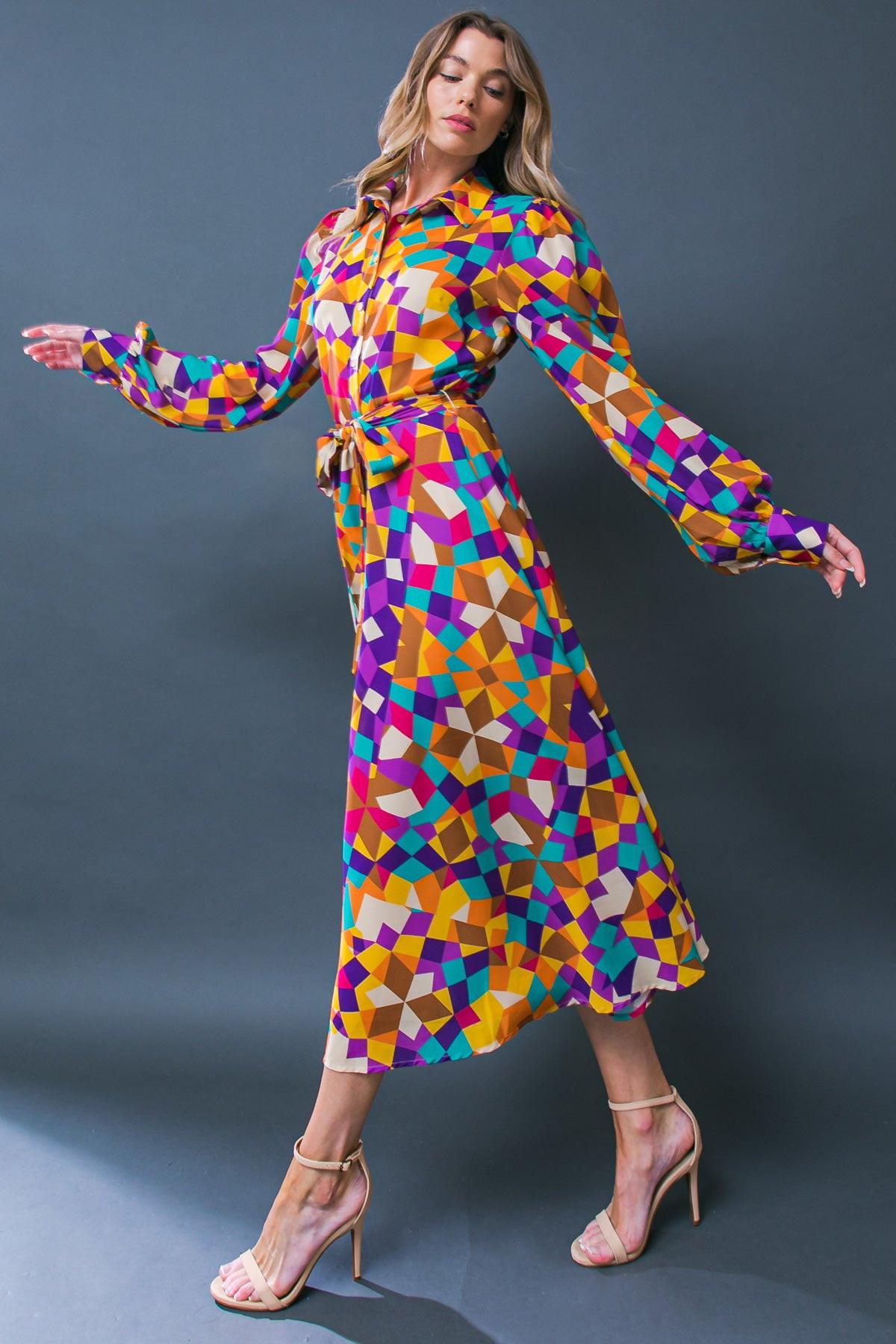 Change In The Air Woven Midi Dress With Shirt Collar And Removable Sash