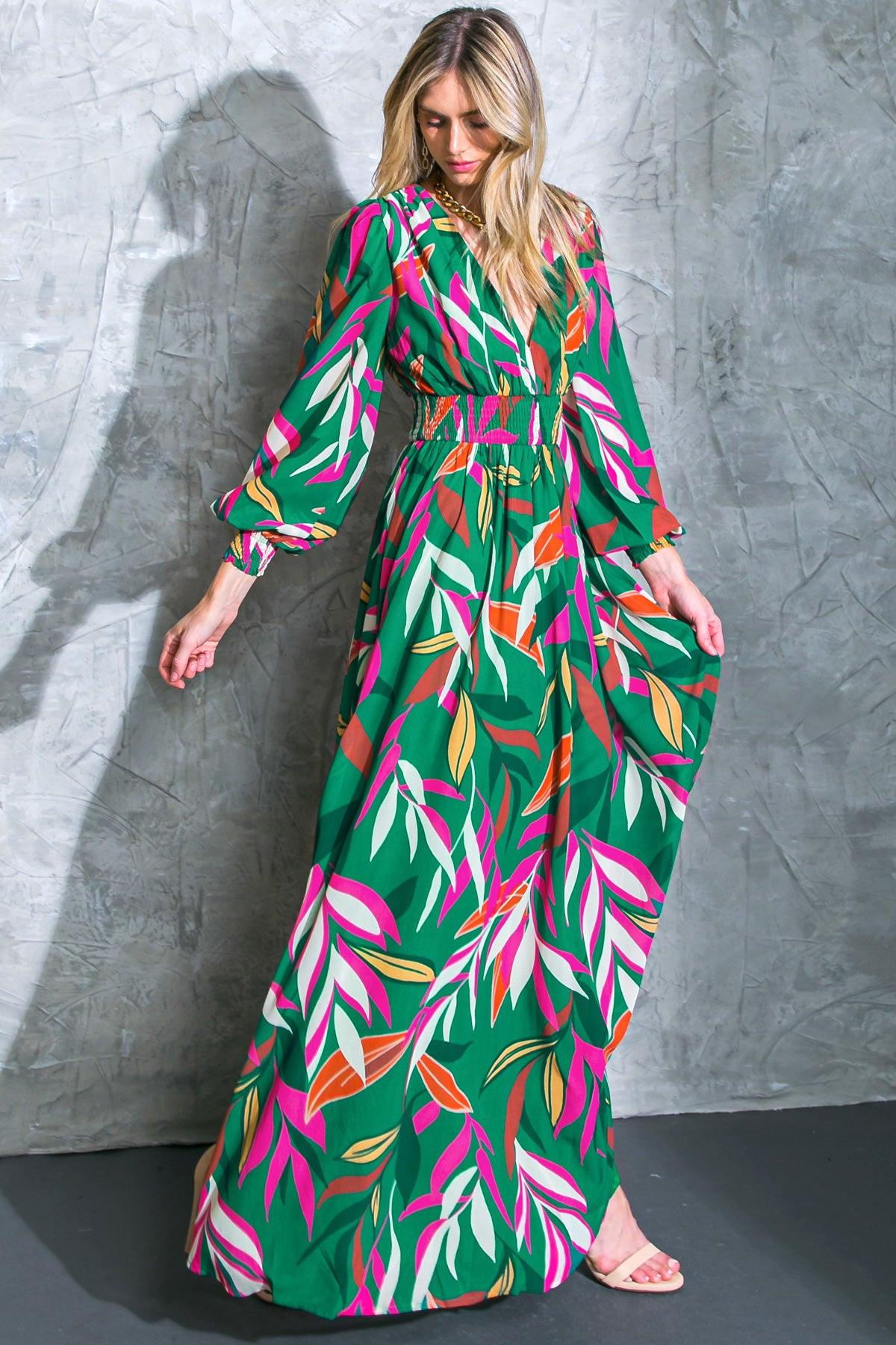 Gone Coastal Woven Maxi Dress With V Neckline Peasant Sleeves Smocked Waist