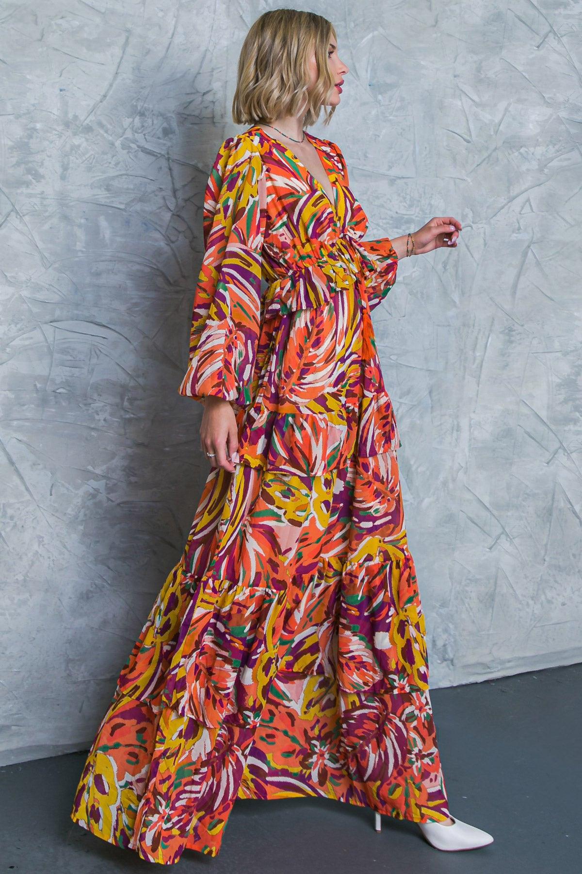Wonderful Soul Woven Maxi Dress With V Neck Elastic Waist And Long Sleeves