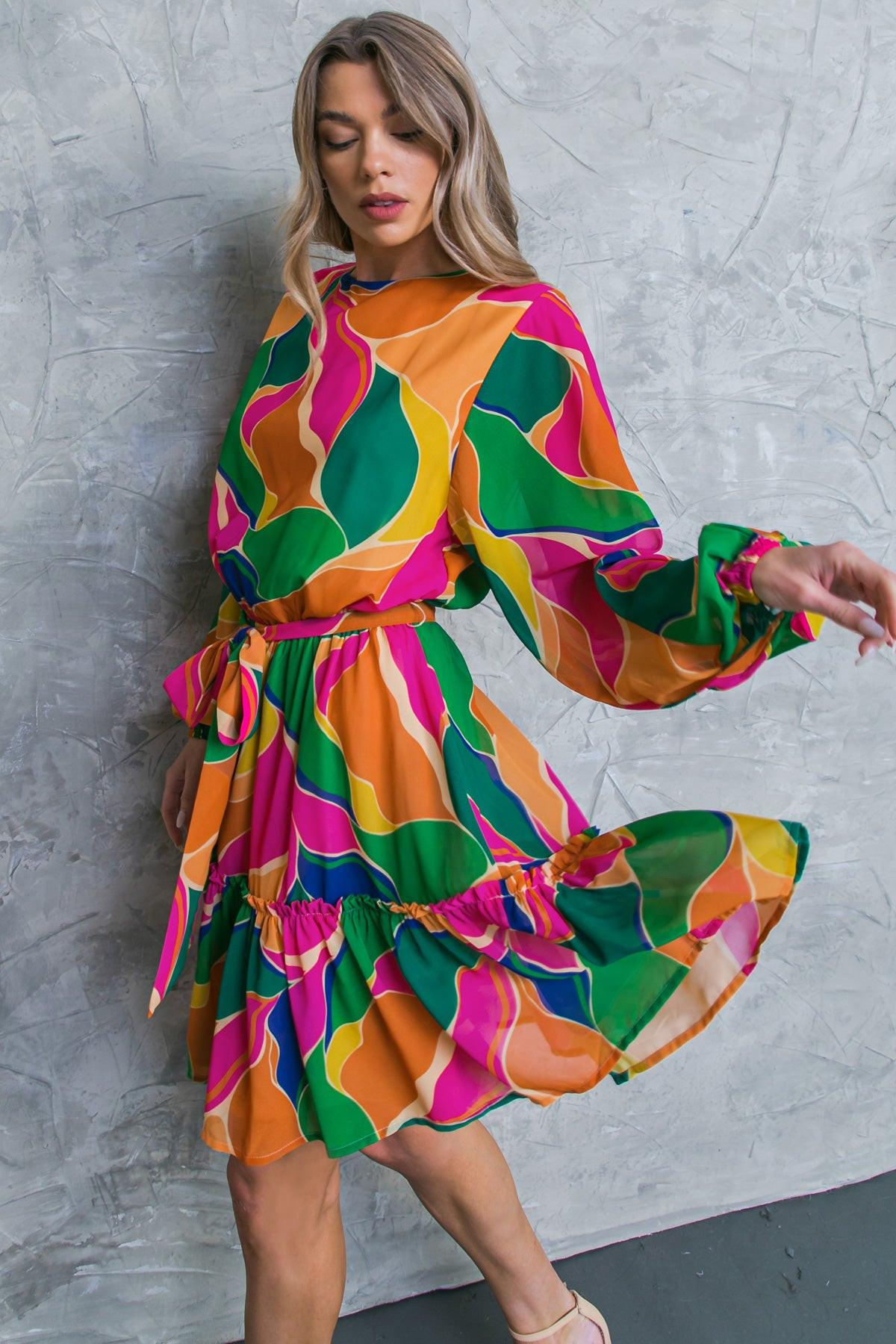 Thank Me Later Woven Mini Dress With Self Tie Waist Long Sleeve And Ruffled Hem