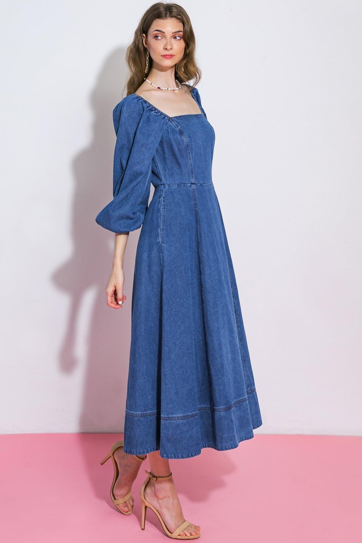 Feelin's Groovy Denim Midi Dress Square Neckline Long Sleeve Back Zip Closure