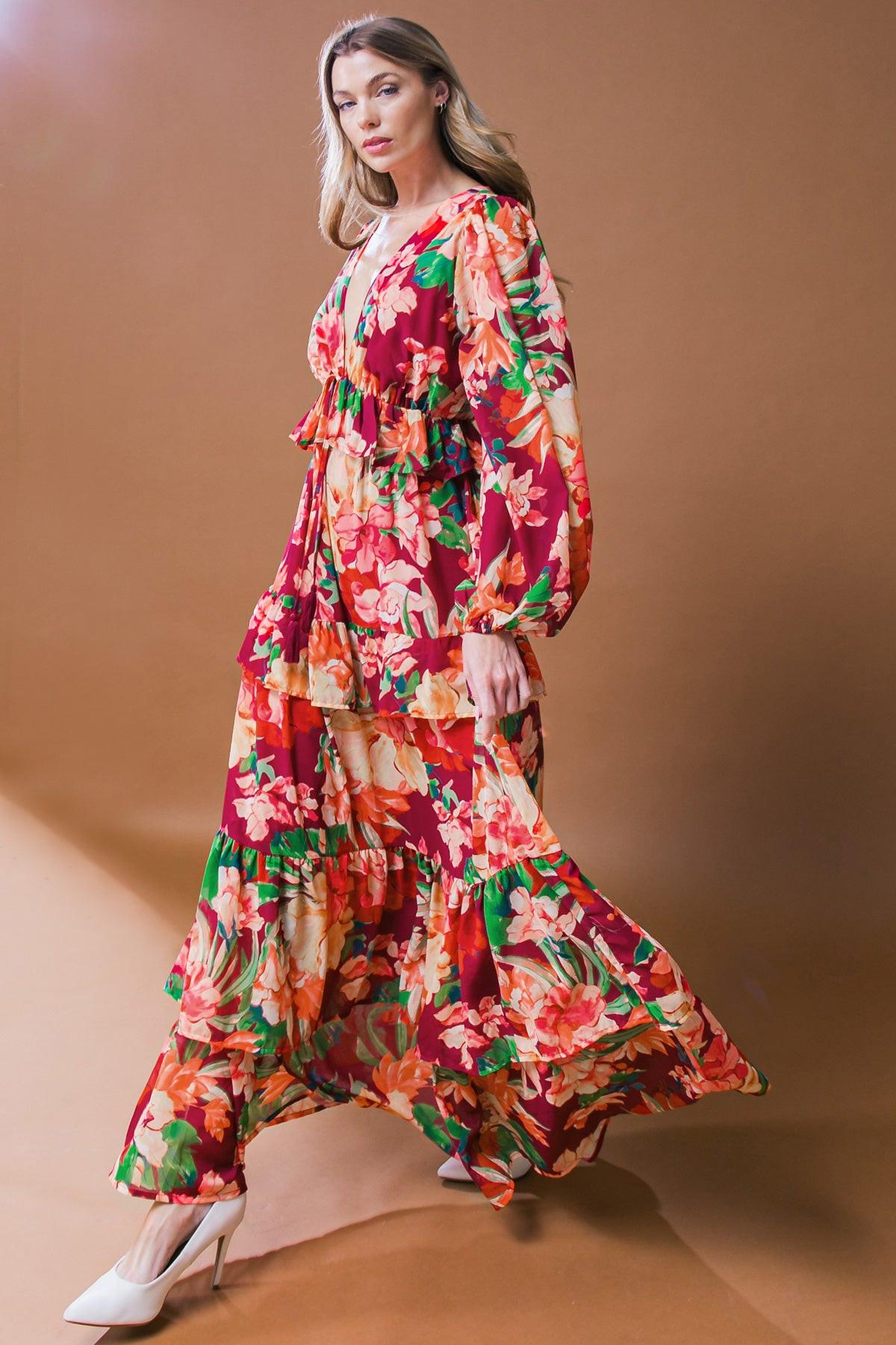 Leave You Speechless Woven Maxi Dress With V Neckline Long Sleeve Tiered Skirt