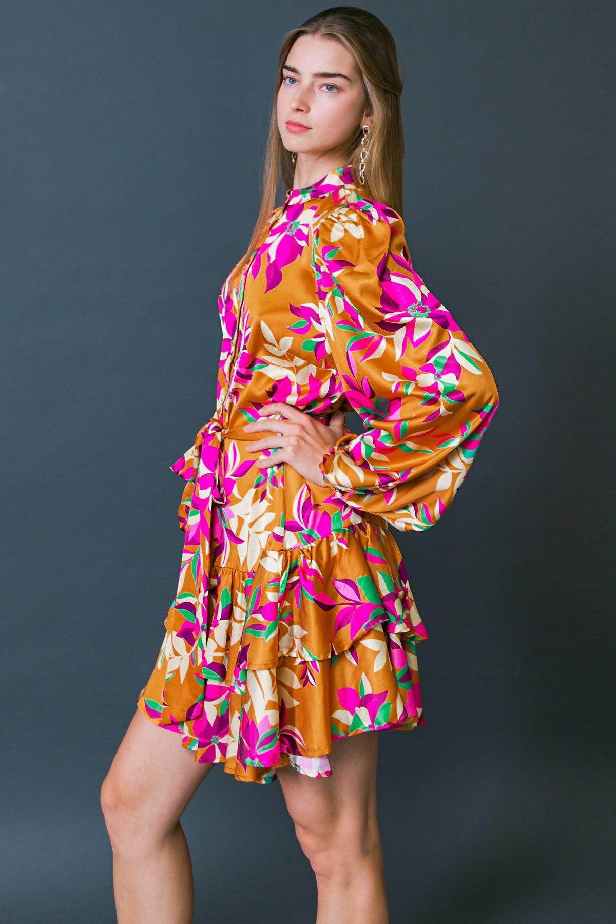 Just Believe In Me Woven Mini Dress Printed With China Collar Button Down