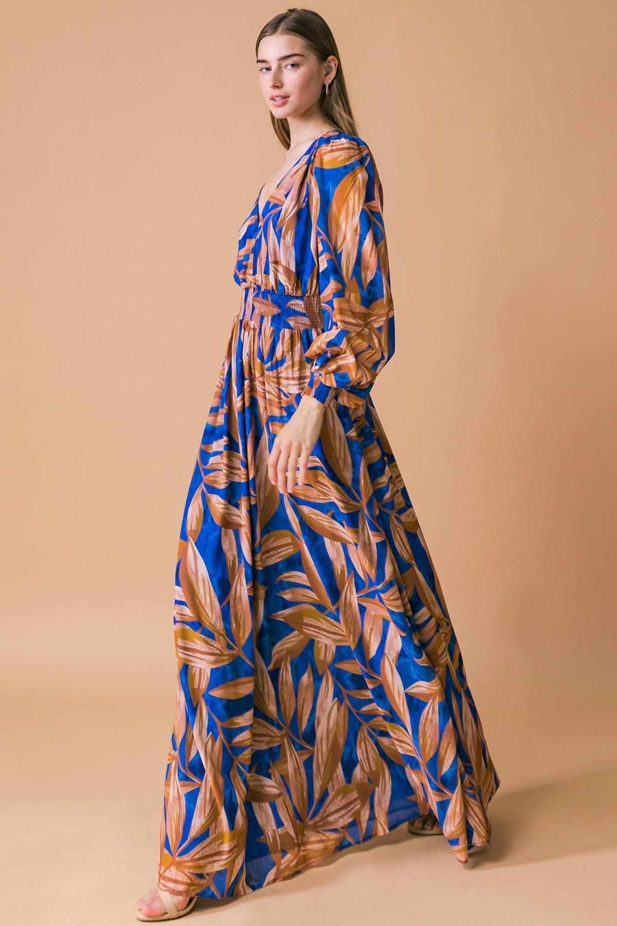 The Hope Of It All Printed Woven Maxi Dress With V Neck Smocked Sleeves