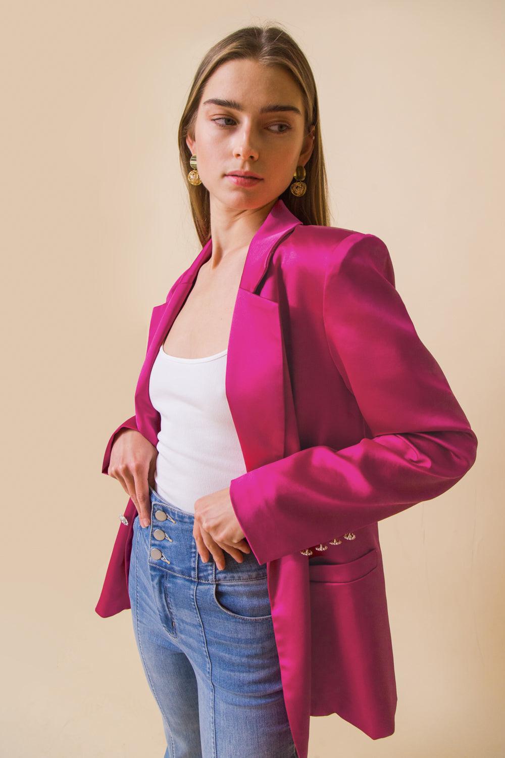 Perfect For Me Satin Blazer With Front Pockets Tailored Fit And Sleeve Buttons