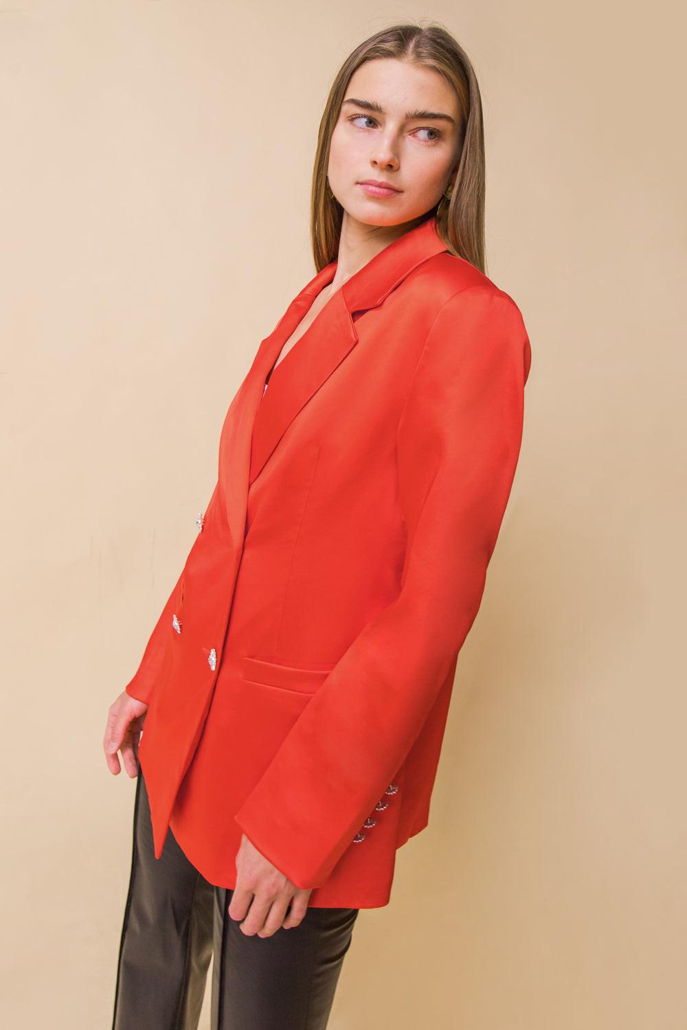Perfect For Me Satin Blazer With Front Pockets Tailored Fit And Sleeve Buttons