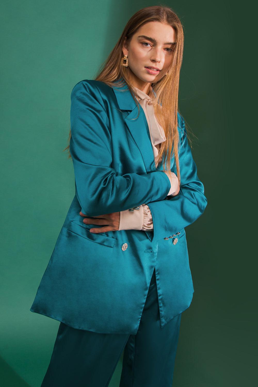 Perfect For Me Satin Blazer With Front Pockets Tailored Fit And Sleeve Buttons