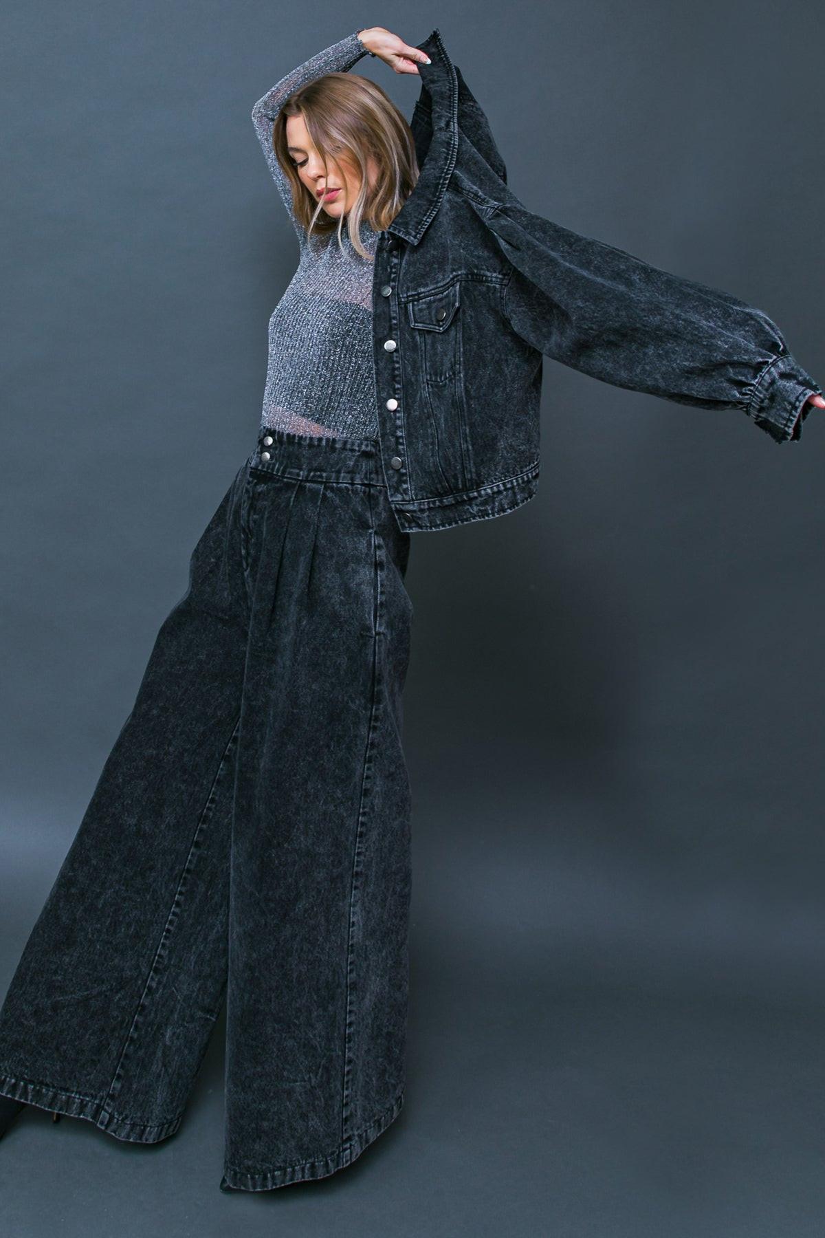 See You Go Acid Wash Denim Jacket With Puff Sleeves And Front Pockets
