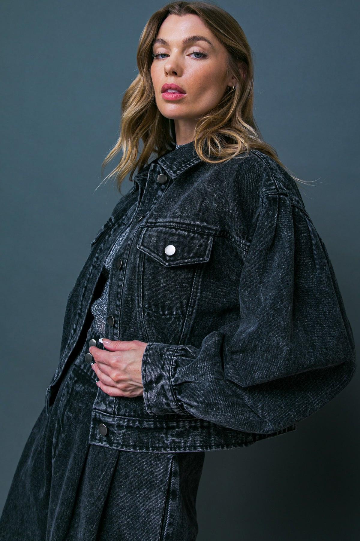 See You Go Acid Wash Denim Jacket With Puff Sleeves And Front Pockets