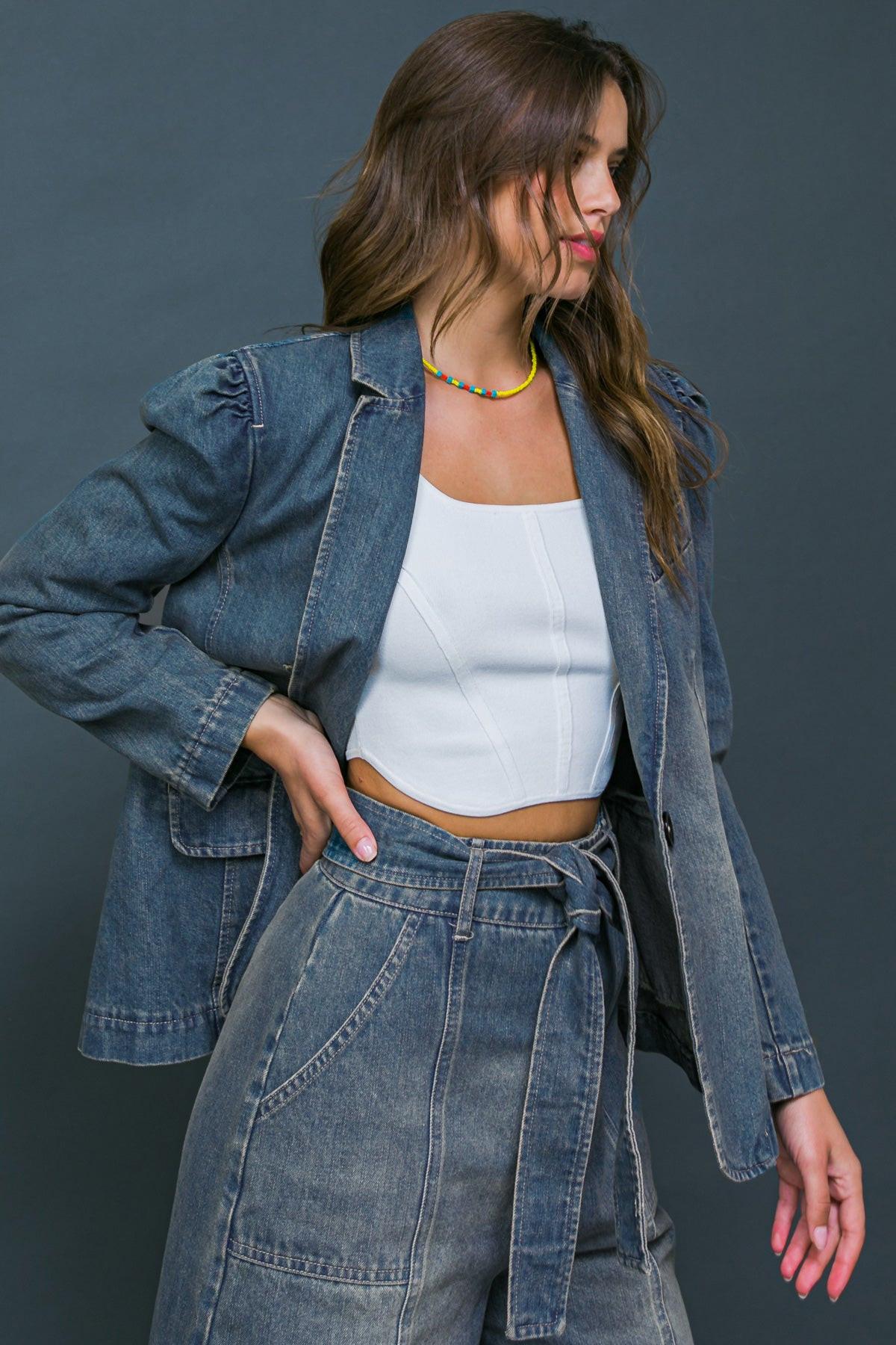 Give It Your All Denim Blazer Washed Denim Front Button Closure Pockets