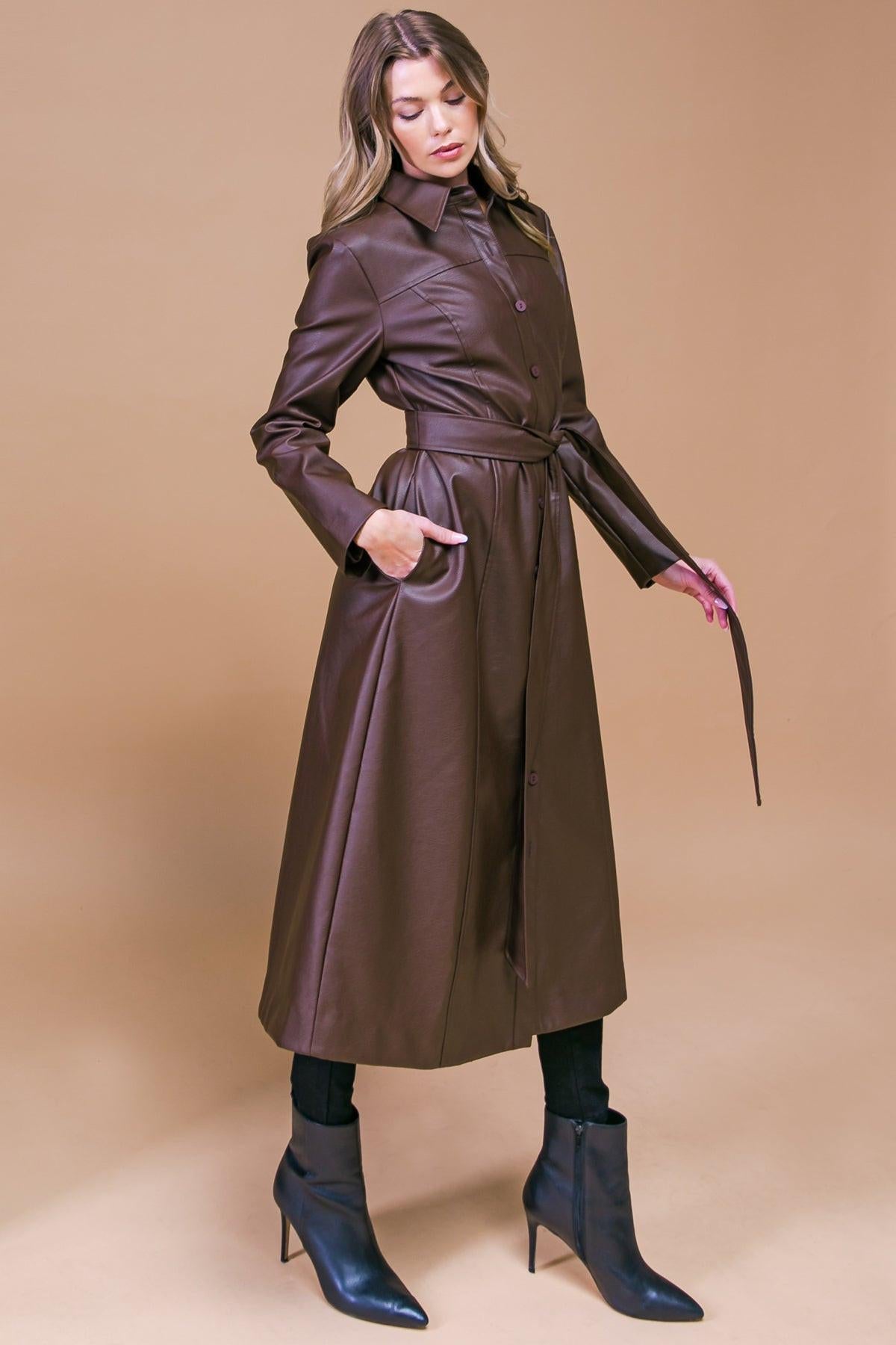 Wonderful Day Faux Leather Midi Coat With Button Down Detailing And Sash Tie