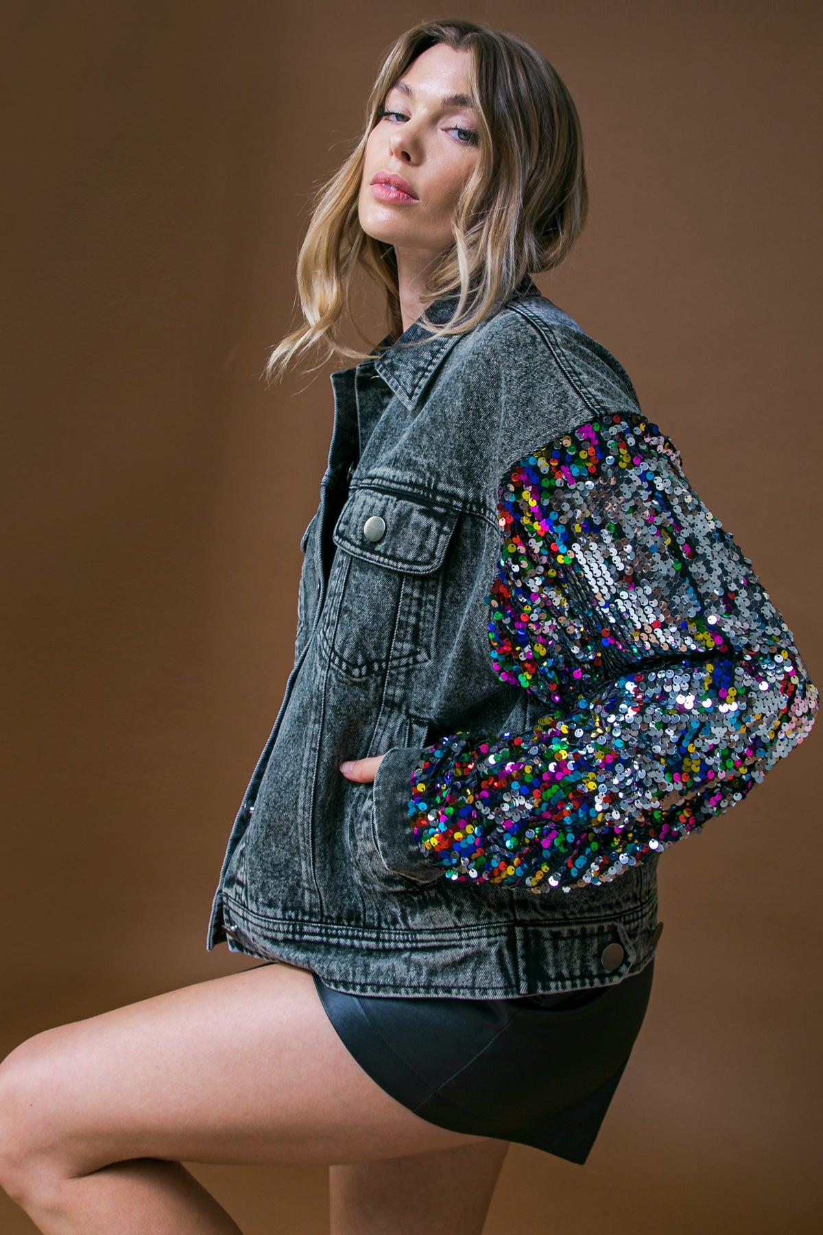 Going There Washed Denim Jacket With Button Down Front And Sequin Sleeves