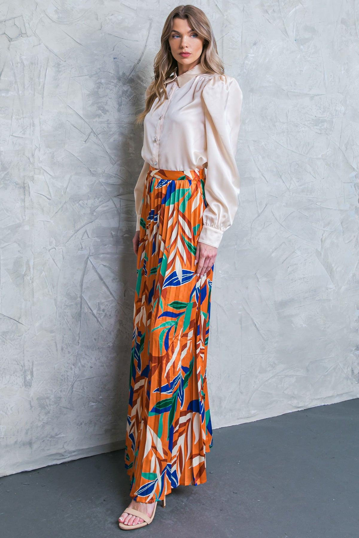 Feels Like Fall Woven Maxi Skirt Boho Pleated Flowing Silhouette Elastic Waist