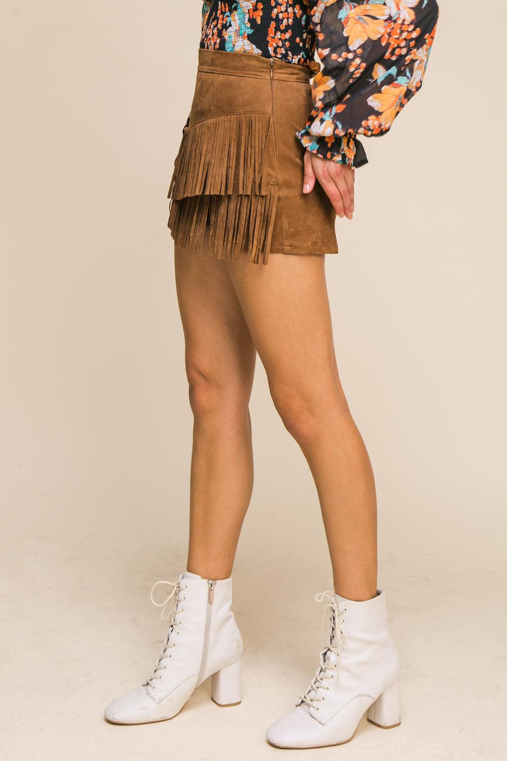 Make Some Plans Faux Suede Skort With Double Fringed Hem And Side Zip